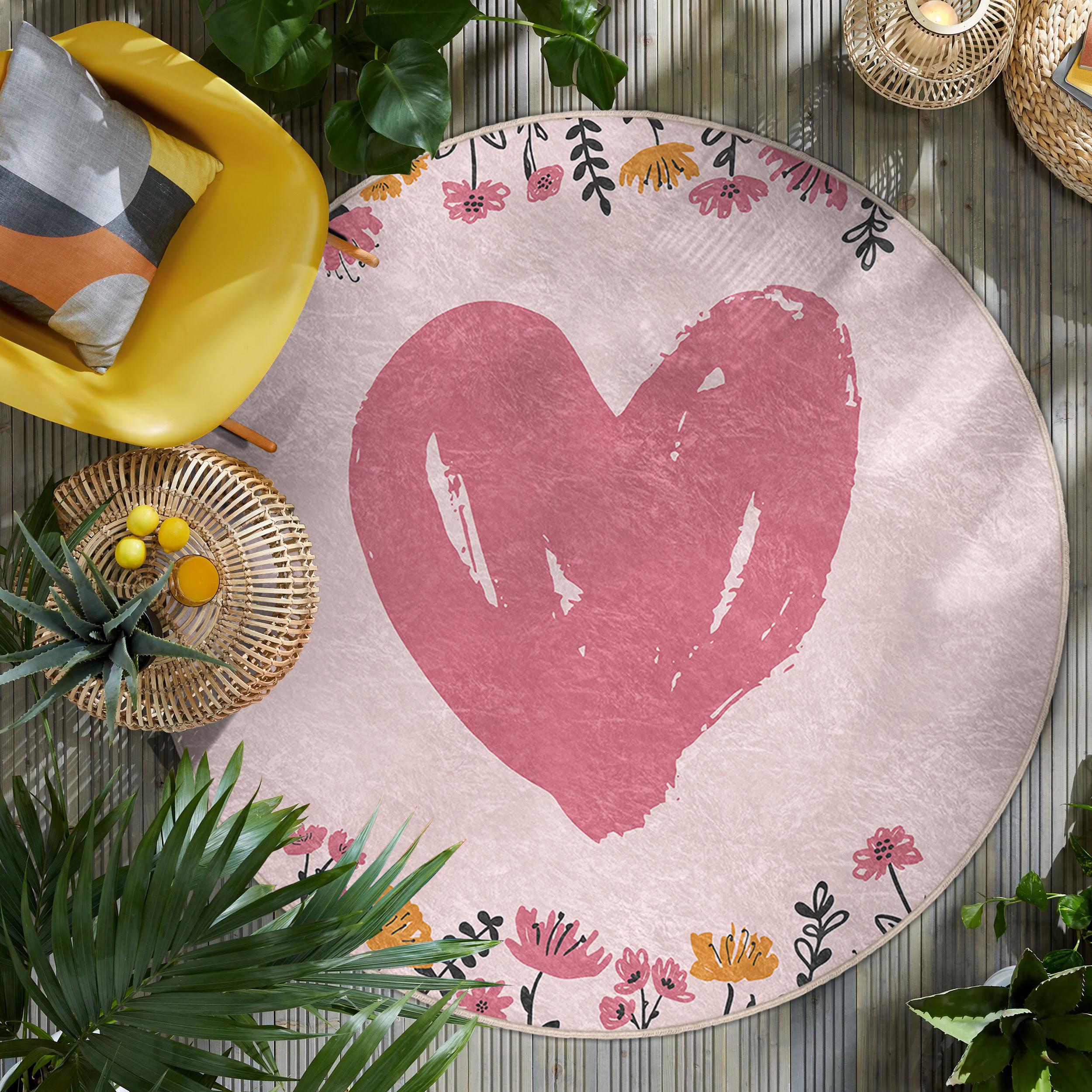 Pink Heart Floral Design Round Rug - Botanical Love Heart Pattern Pink Heart Floral Design Round Rug - Botanical Love Heart Pattern