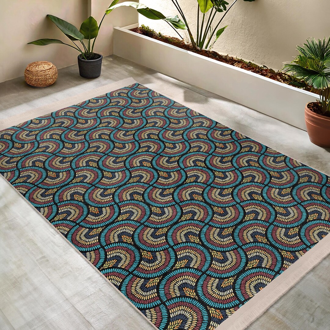 Colorful Curved Mosaic Area Rug -vibrant Geometric Pattern Mat-teal ...