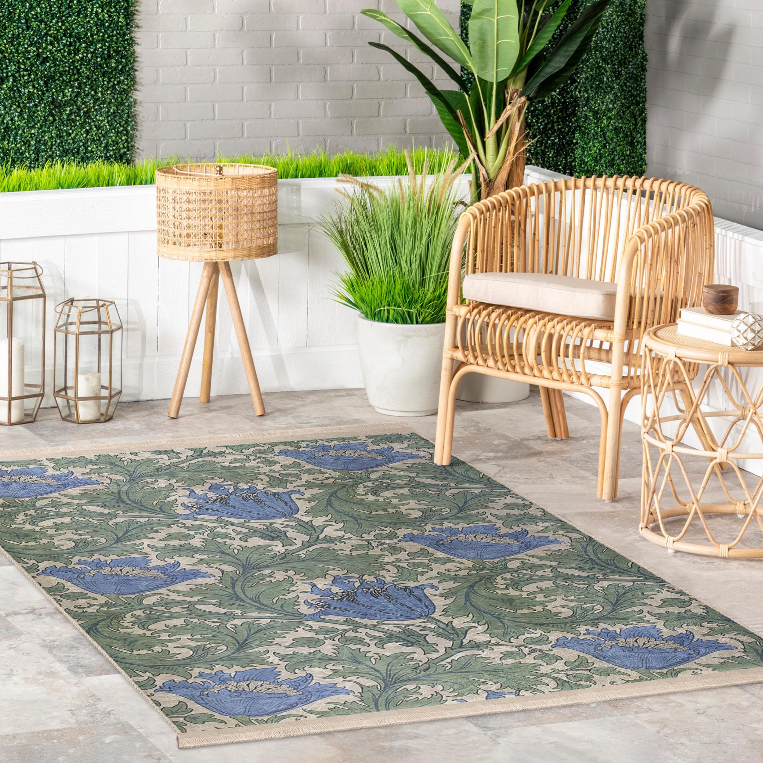 Blue Floral Botanical Area Rug - Vintage Leaf Pattern Accent Mat ...