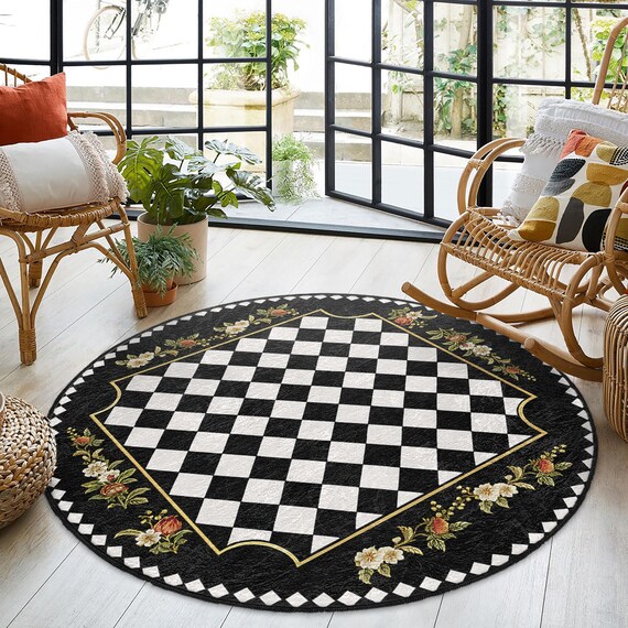 Elegant Checkered Floral Round Rug - Black White Circle Carpet