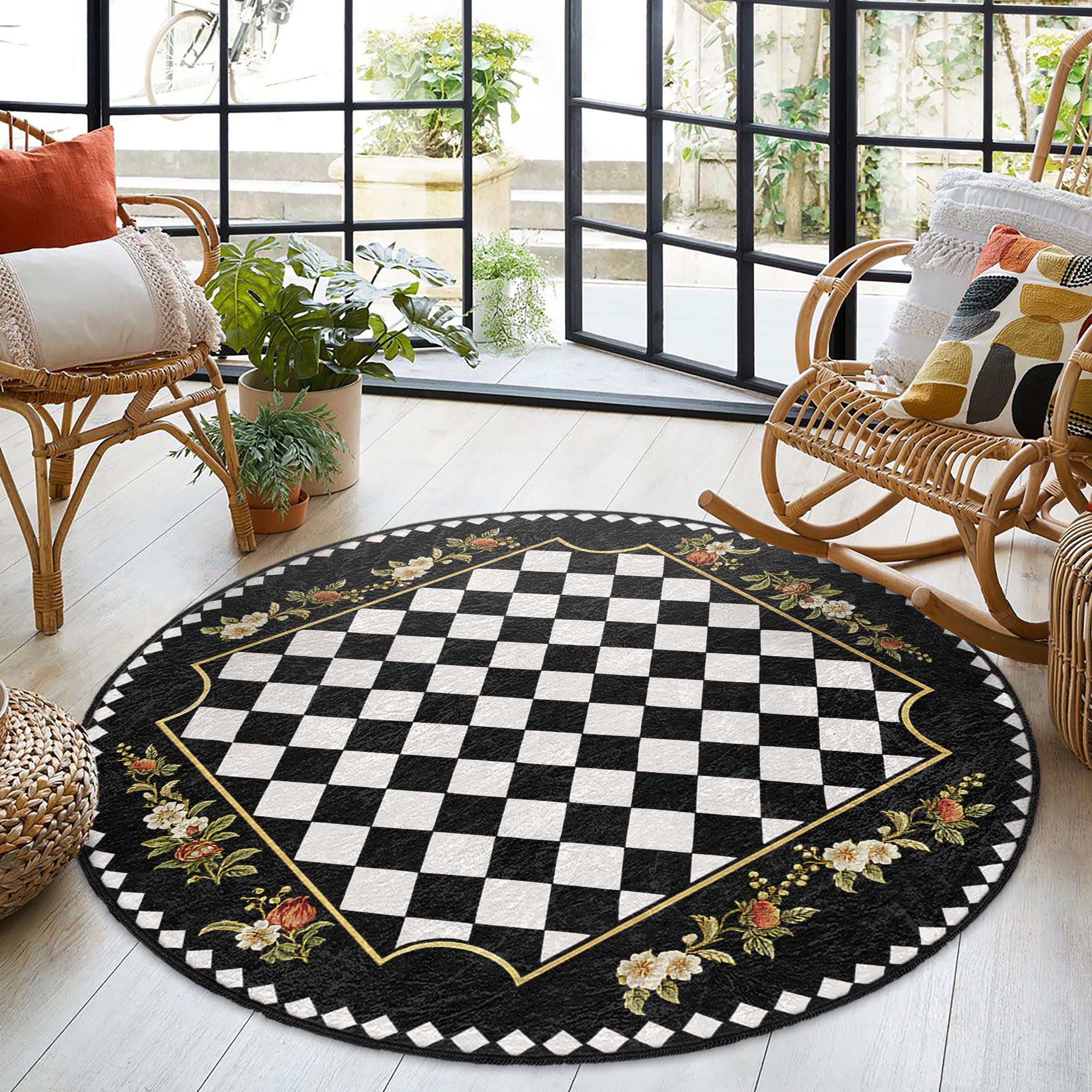 ラグ・カーペット Kyne Stamp Circle Rug by ROOM Black Black Floral Art Round Rug-rose Pattern Circle Carpet-white Flower