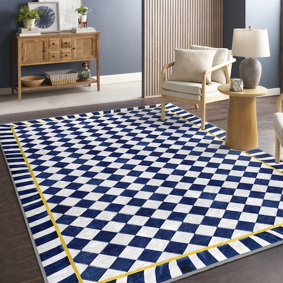 Checkered Blue Home Accent Rug-Striped Geo Layered Mat-Diamond Anti Slip Carpet-Modern Floor Runner-Navy Patio Area Mat-Vibrant Decor Carpet