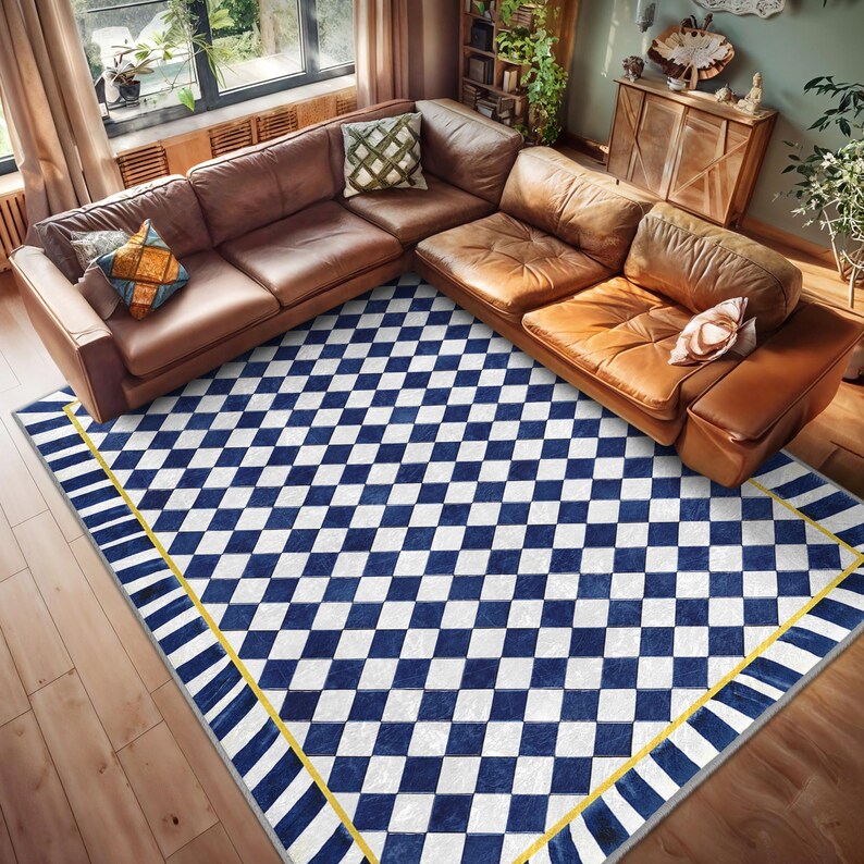Navy Patio Mat Modern Floor Runner Slip Resistant Rug