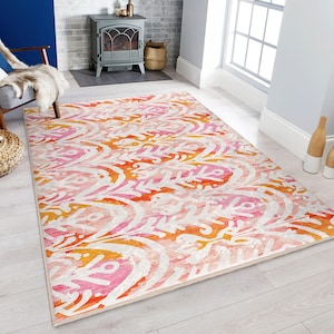 Pink Swirls Area Rug-Vibrant Abstract Accent Mat-Boho Anti Slip Carpet-Colorful Square Rug-Modern Living Room Runner-Bright Unique Decor Mat