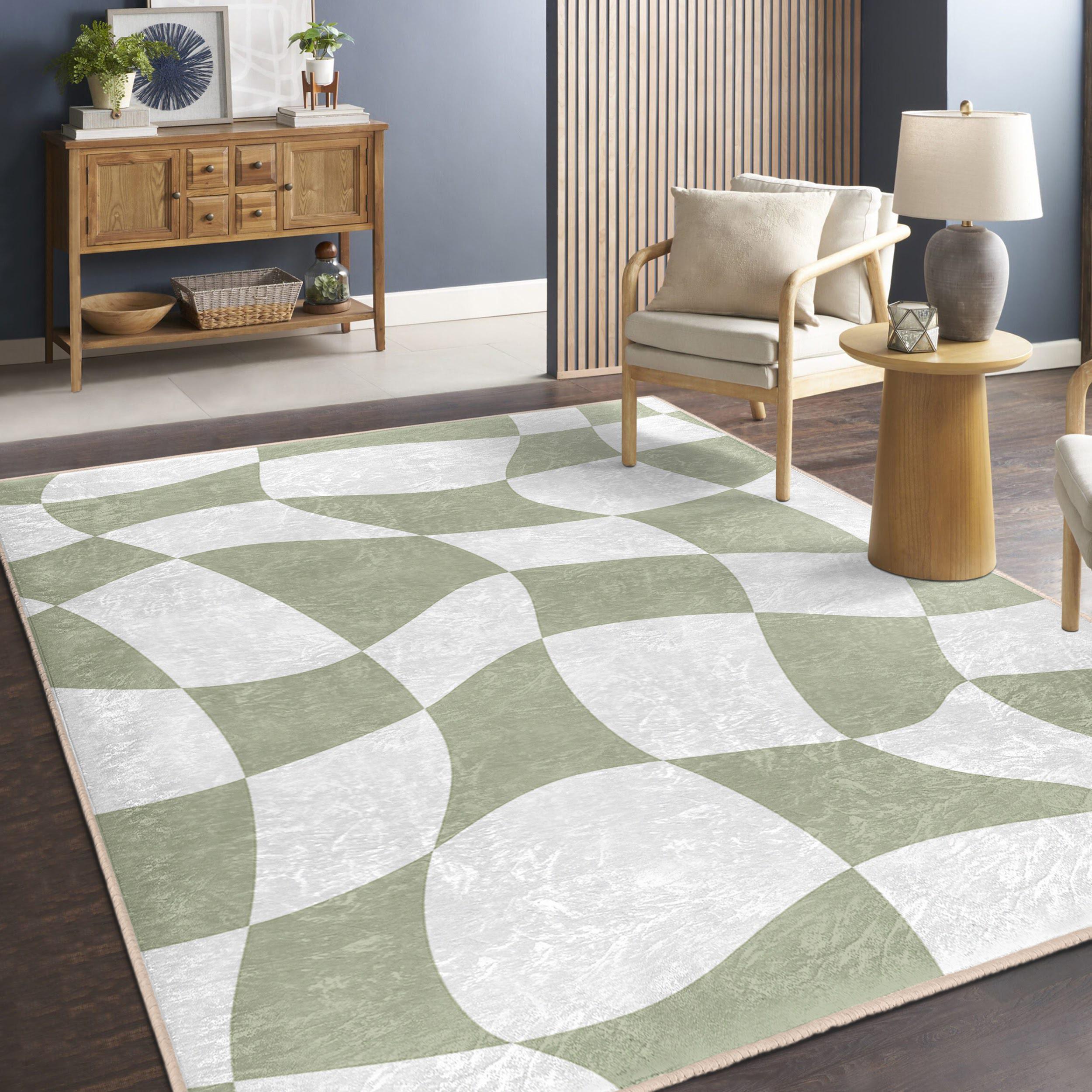 Curved Geometric Green Rug - Wavy Modern Design Carpet - Abstract ...
