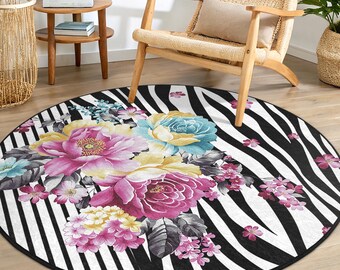 ゼブラフローラルデザインラウンドラグ - 鮮やかな花のストライプの