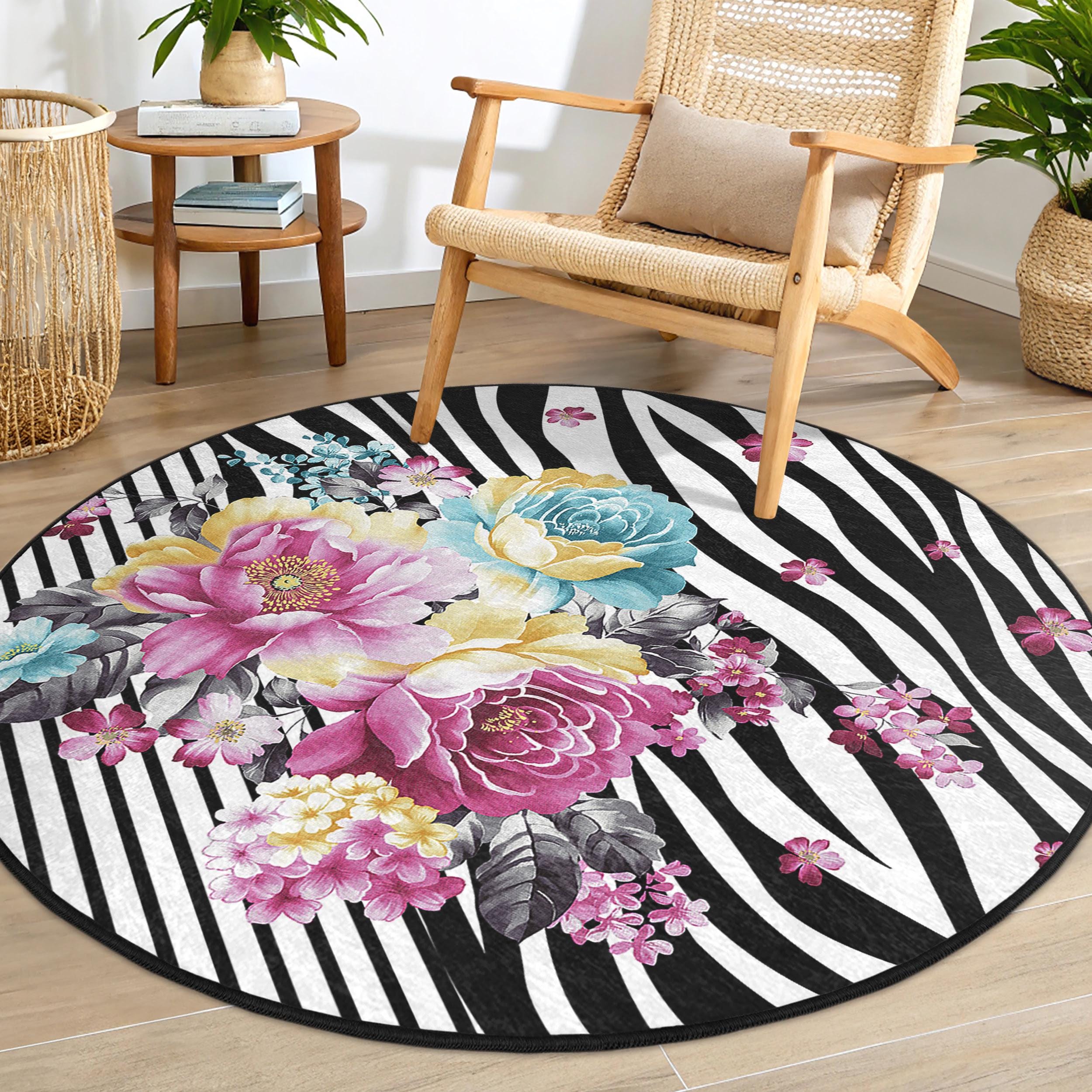ゼブラフローラルデザインラウンドラグ - 鮮やかな花のストライプの
