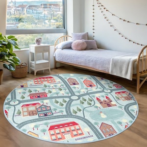 Stadsplattegrond kinderkamer rond tapijt - charmante wegen huizen cirkeltapijt - educatief speel rond tapijt - cool kinderkamertapijt - blauwe decoratie stad kinderkamer