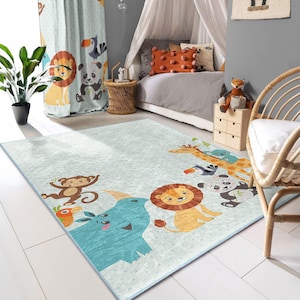 Schattig jungle-safari-dierentapijt-Cartoon Zoo Friends-ontwerp-Blauw kindertapijt-Speels babytapijt-Creatief safarimat-Kleurrijk babytapijt