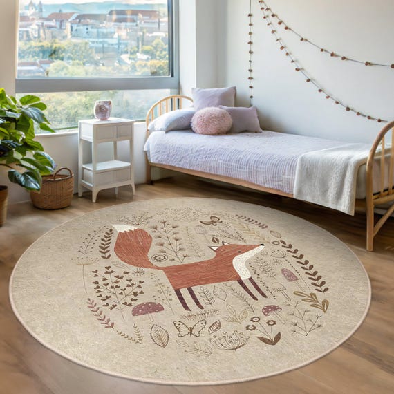 Natural Woodland Fox Kid's Room Round Rug -forest Animals Nature