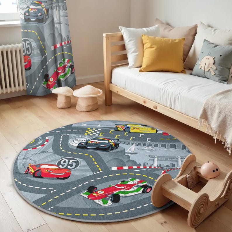 Round Racetrack Rug Race Cars Adventure Kids Room Round Rug - Cartoon Roads Circle Carpet ...