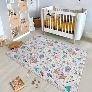 Festive Animal Party Rug-Fun Cartoon Character Mat-Colorful Kids Area Rug-Playroom Accent Carpet-Creative Nursery Mat-Washable Anti-Slip Rug