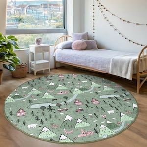 Mountain Adventure Kids Room Round Rug-Forest Animals Green Circle Carpet-Playful Landscape Playroom Mat-Washable Nursery Decor Round Carpet
