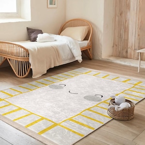 Alfombra con cara alegre en amarillo y gris - Alfombra con patrón de rayas divertidas y sonrisas - Alfombra para el área de la guardería de los niños - Alfombra con dibujos animados adorables - Alfombra decorativa con diseño adorable