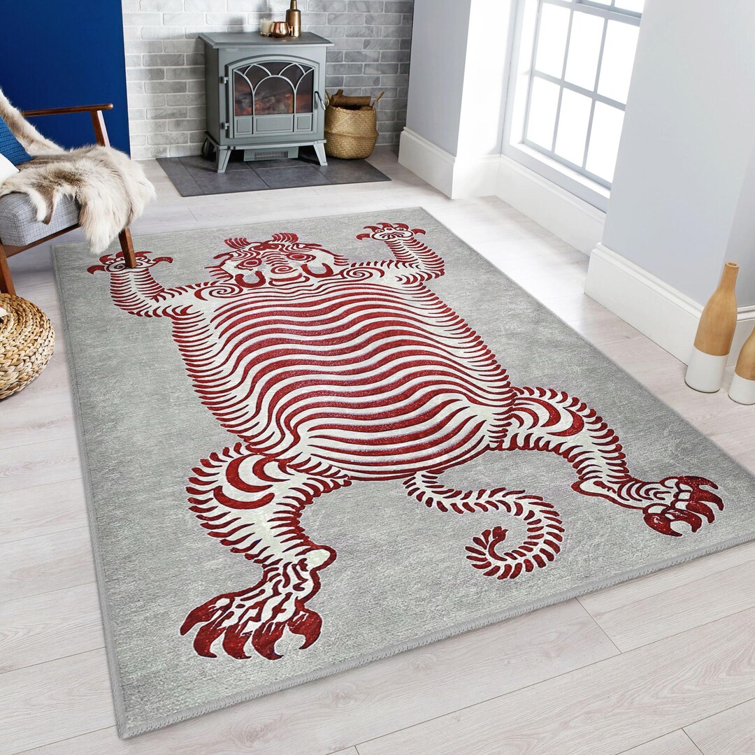 Red Tribal Tiger Accent Rug - Zebra Stripe Pattern Carpet - Gray Living ...