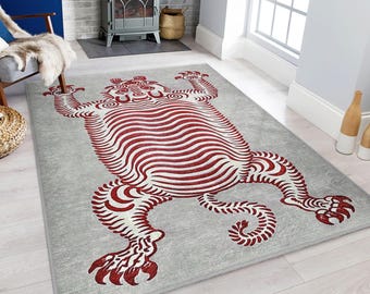 Red Tribal Tiger Accent Rug - Zebra Stripe Pattern Carpet - Gray Living Room Mat - Unique Artistic Runner - Trendy Urban Square Rug