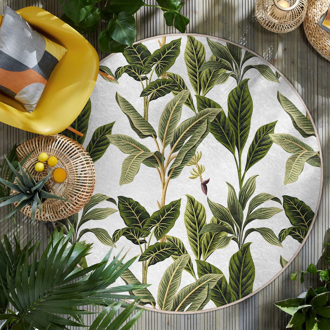Tropical Leaf Design Round Rug - Nature's Botanical Circle Carpet ...