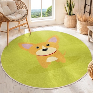 Orange Puppy on Green Round Rug-Cute Animal Cartoon Pattern Circle Carpet-Colorful Childrens Accent Rug-Dog Playroom Circle Mat-Washable Rug