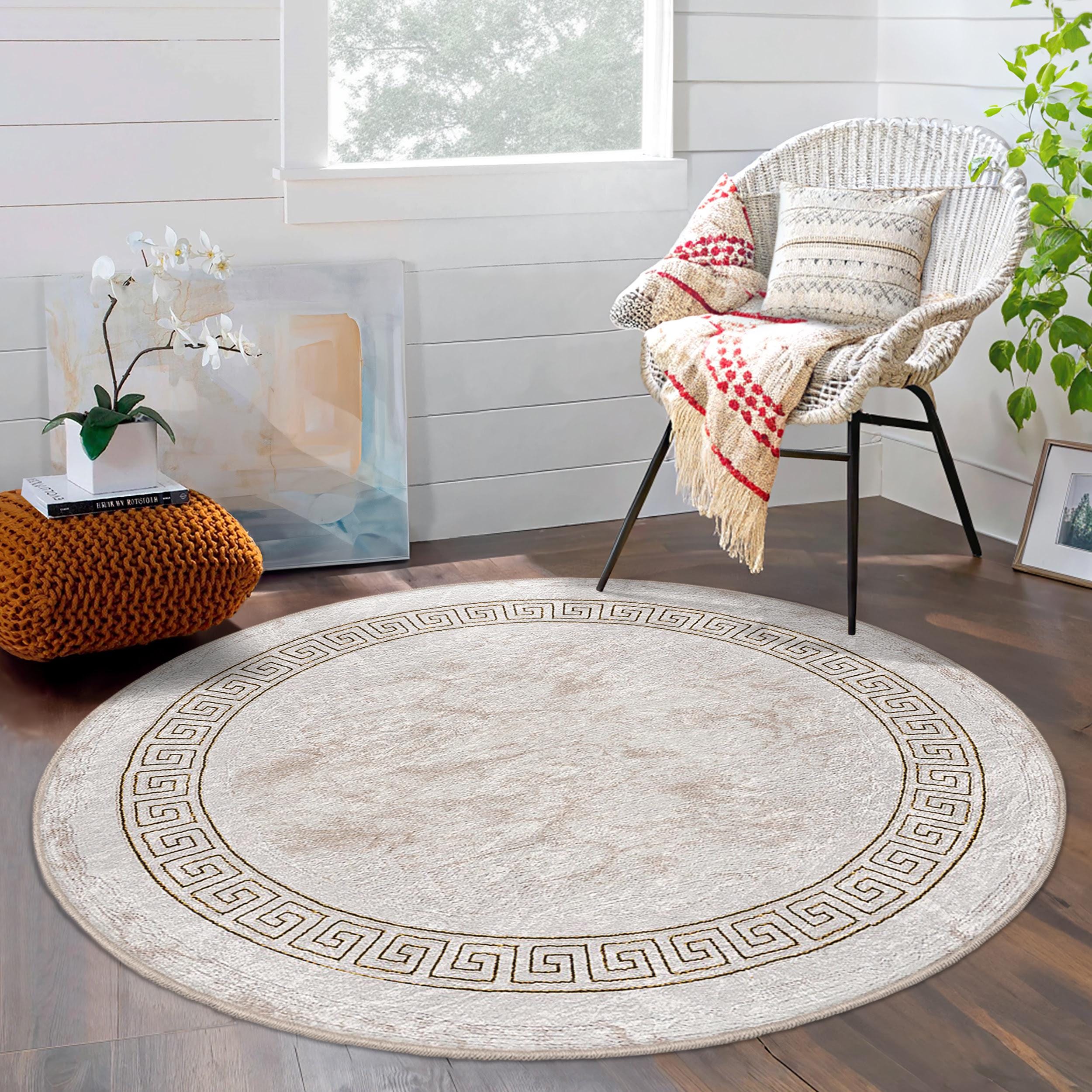 Greek Round Rug Texture Greek Key Border Beige Round Rug - Geometric Pattern Circle Carpet ...