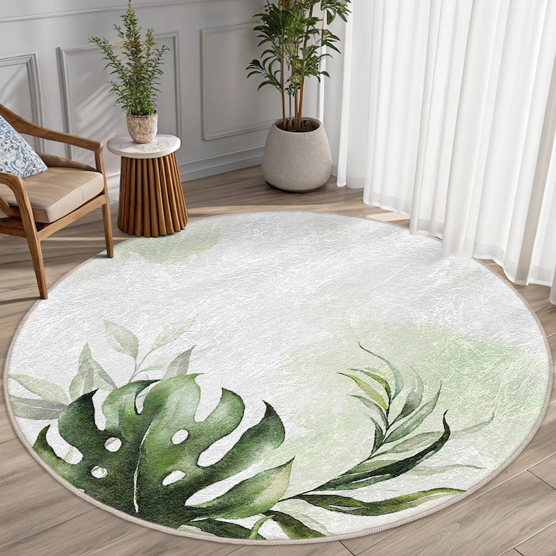 Green Living Room Ru - Tropical Circle Mat - NonSlip Round Rug Gifts