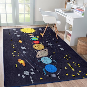 Solsystemet Rymdmatta - Planetmönstrad barnmatta - Mörk temamatta - Himmelsk accentmatta - Barnrumsdekor Astronomiska planeter