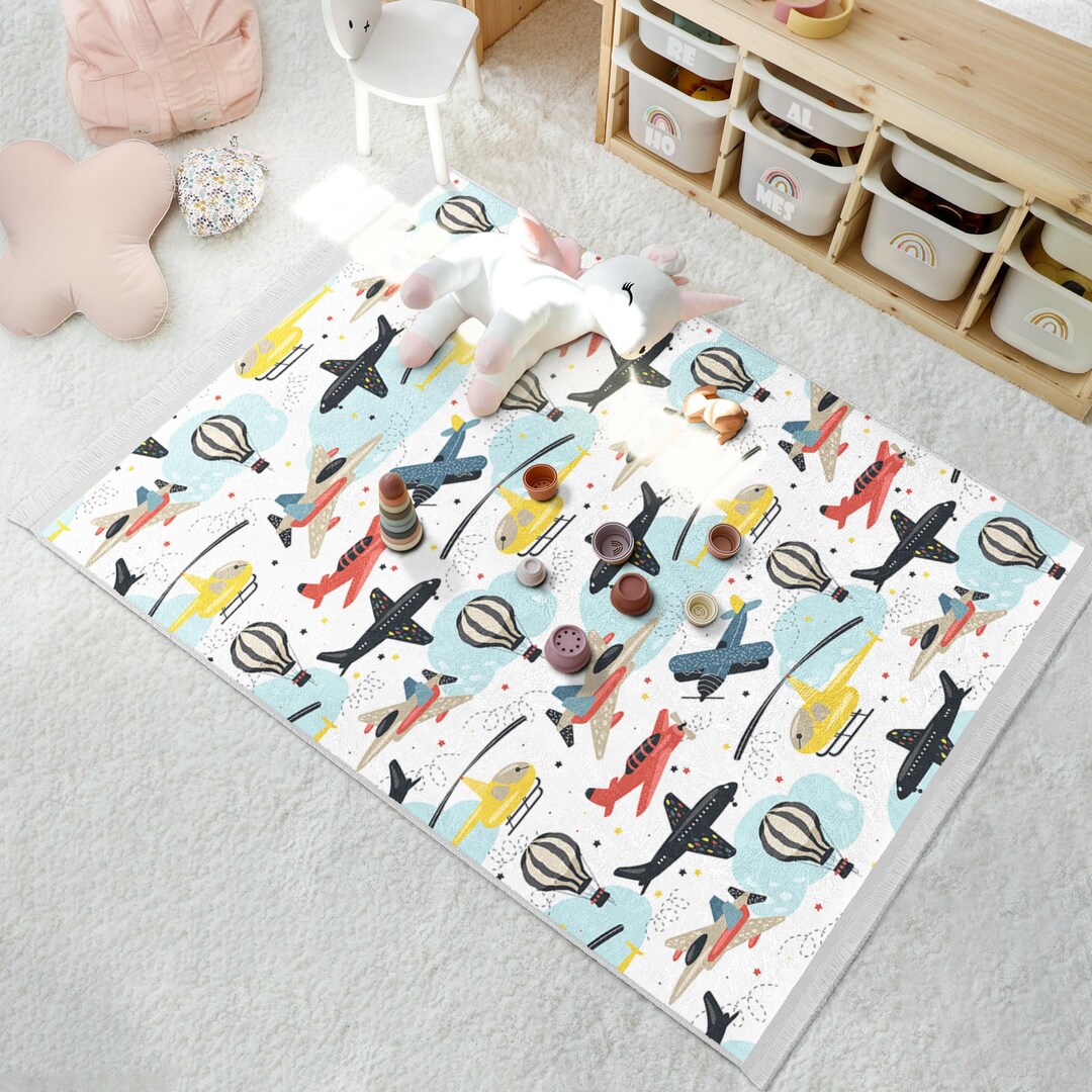 Airplane Adventure Kids Room Rug -colorful Aircraft Balloon Carpet ...