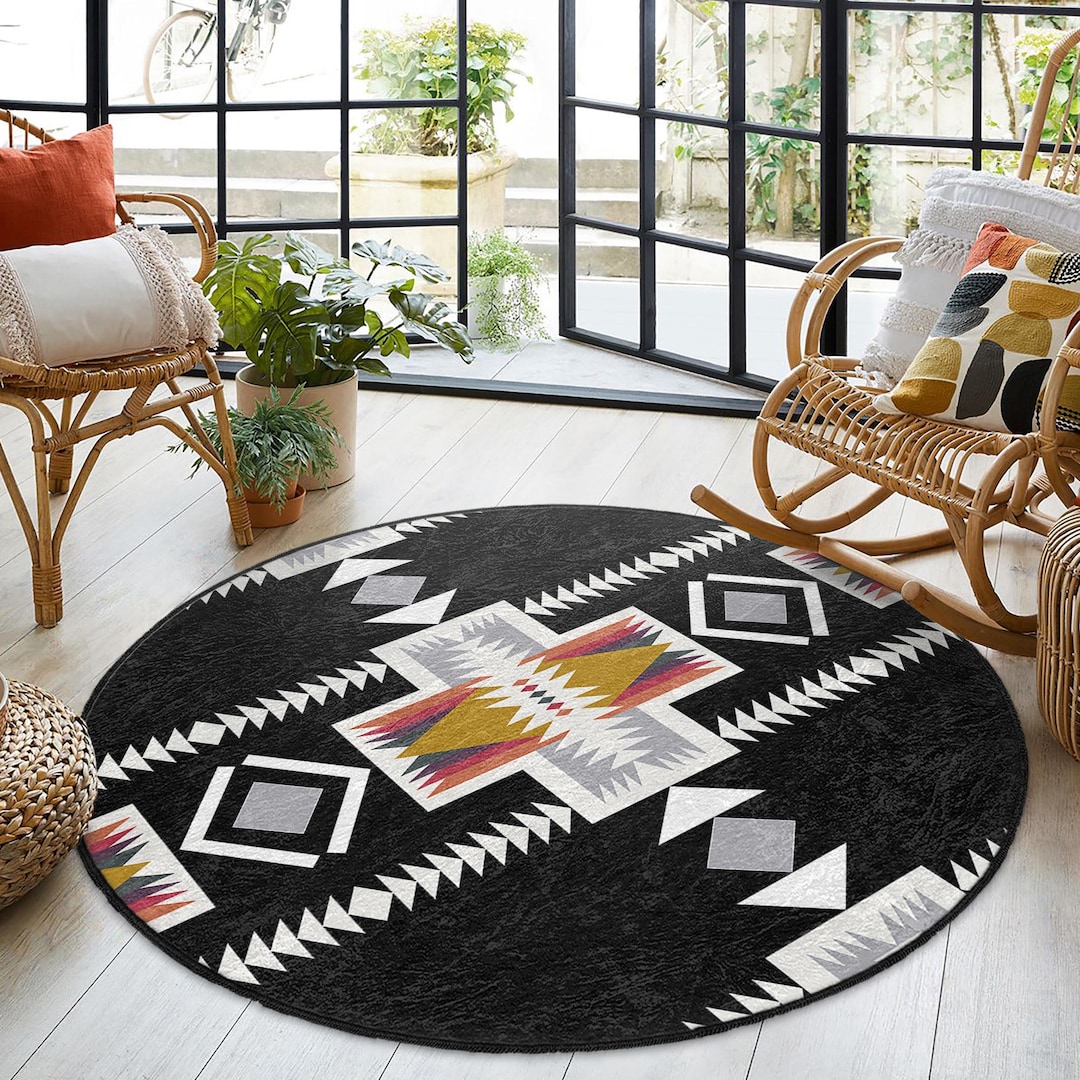 Aztec Pattern Black Round Rug-geometric Tribal Design Circle Carpet ...