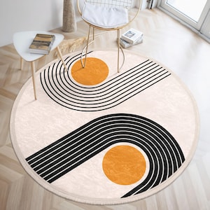 Retro Round Rug - Curved Lines Rug - Washable Round Carpet