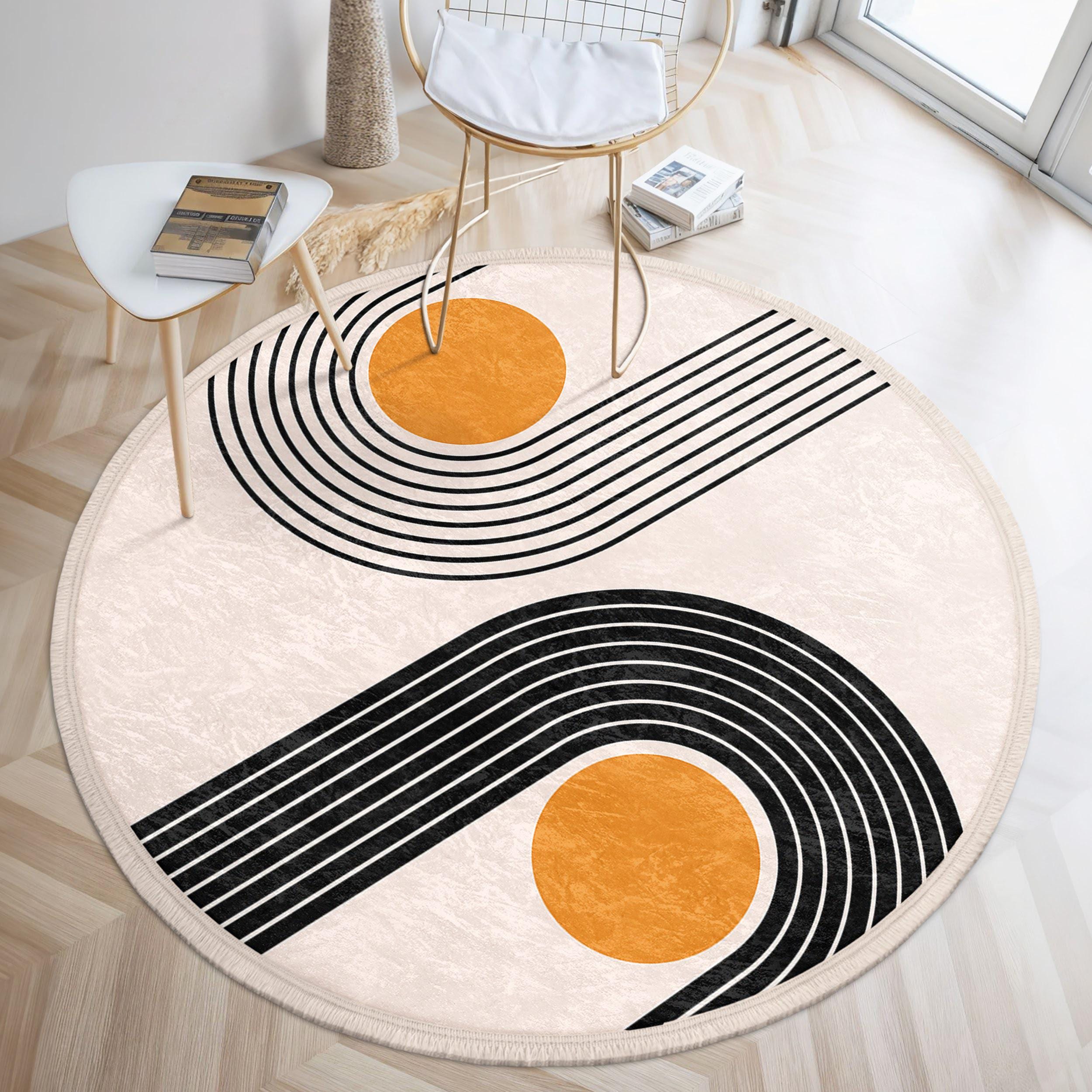 Retro Curved Lines Beige Round Rug - Mid Century Modern Circles