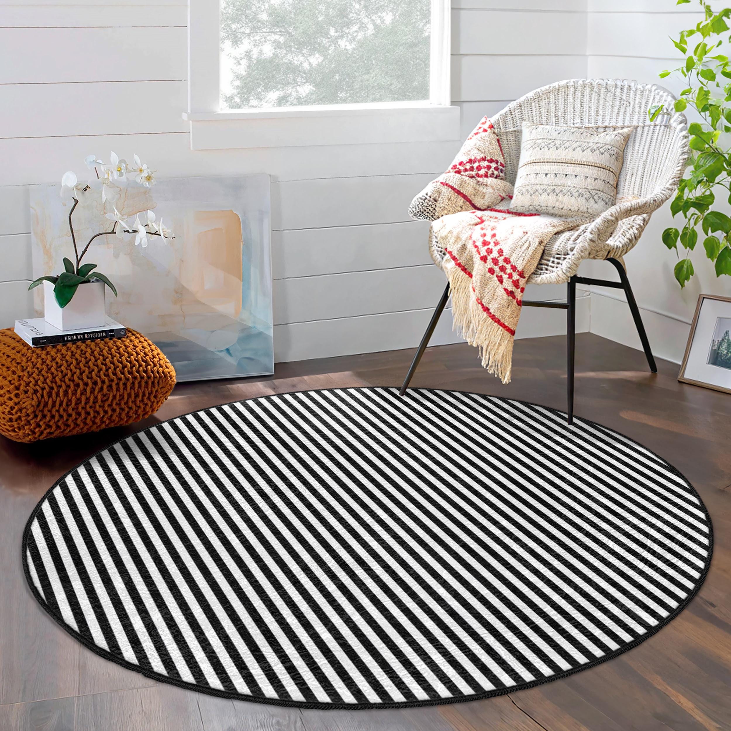 Round Modern Distressed Rug Diagonal Stripe Black Round Rug - Zigzag Modern Round Mat - Monochrome ...