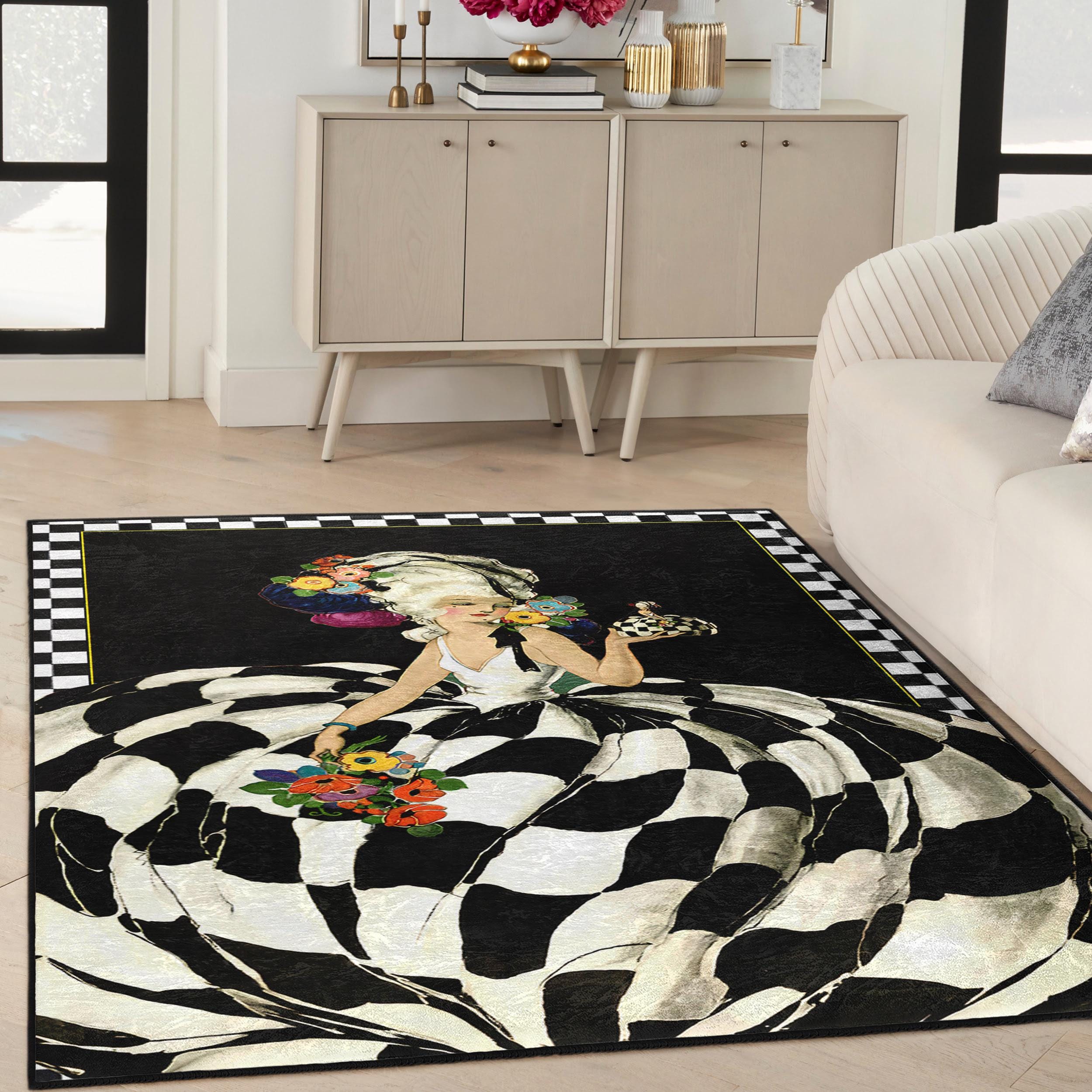Baroque Lady Area Rug - Checkerboard Floral Carpet - Black White Accent ...