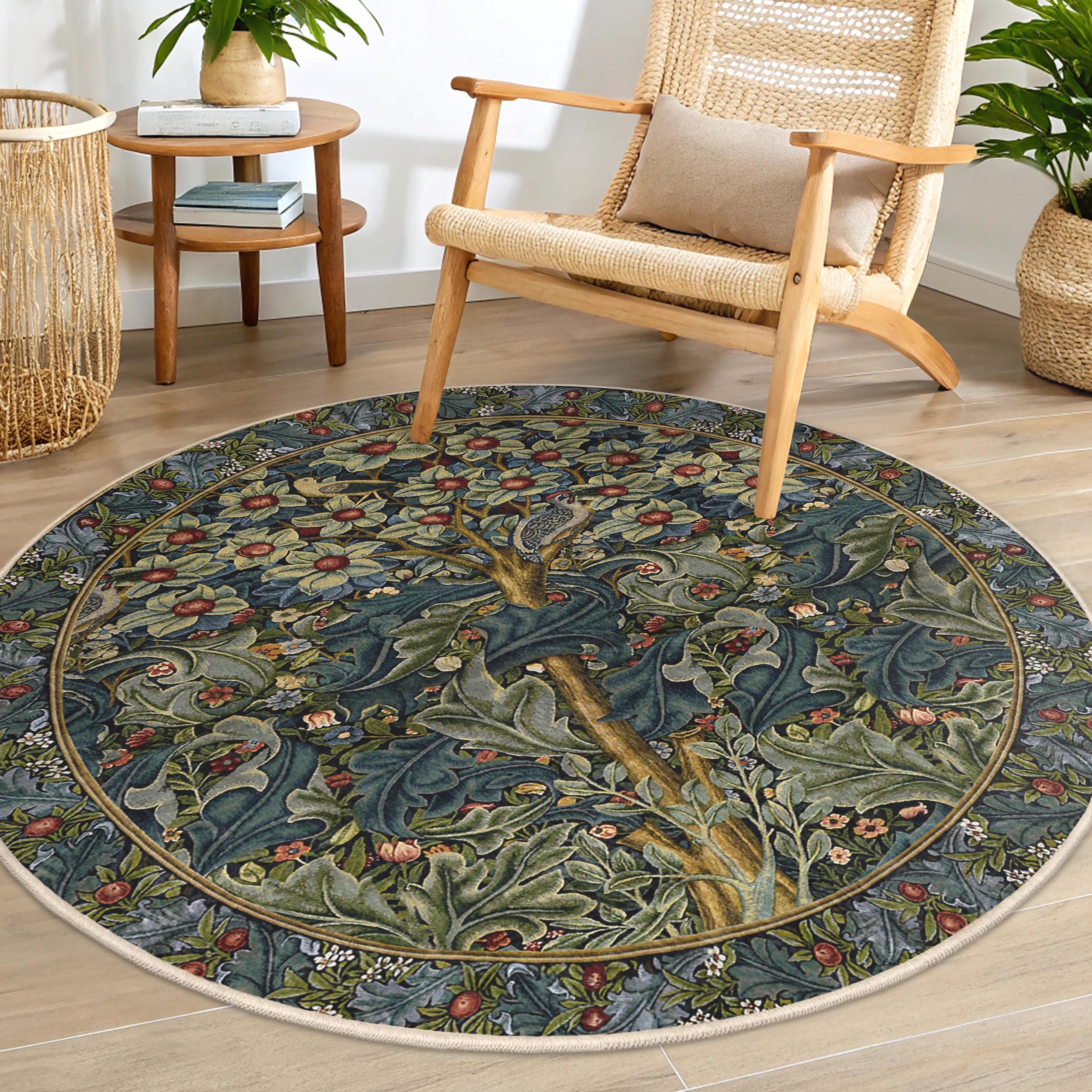 Morris Tree of Life Round Rug - Blue Botanical Leaves Circle Carpet ...