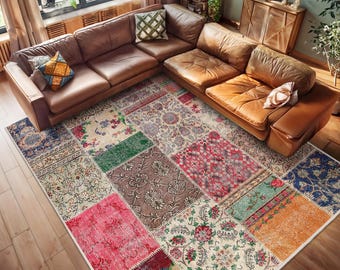 Vintage Patchwork Area Rug - Multicolor Floral Accent Rug - Boho Anti-Slip Carpet -Eclectic Floor Mat-Retro Square Rug-Vibrant Room Area Mat