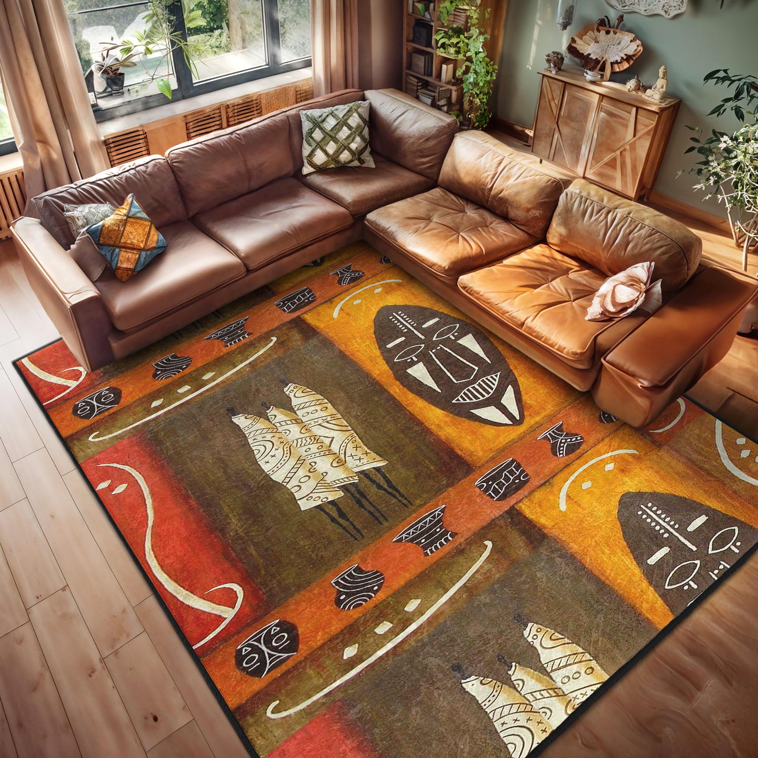 African Tribal Mask Area Rug - Ethnic Geometric Art Carpet