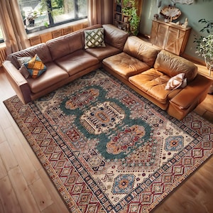 Kelim Medaljongmatta - Invecklade geometriska motiv - Blågrön persisk matta - Afghansk inspirerad pläd - Traditionell boho golvmatta