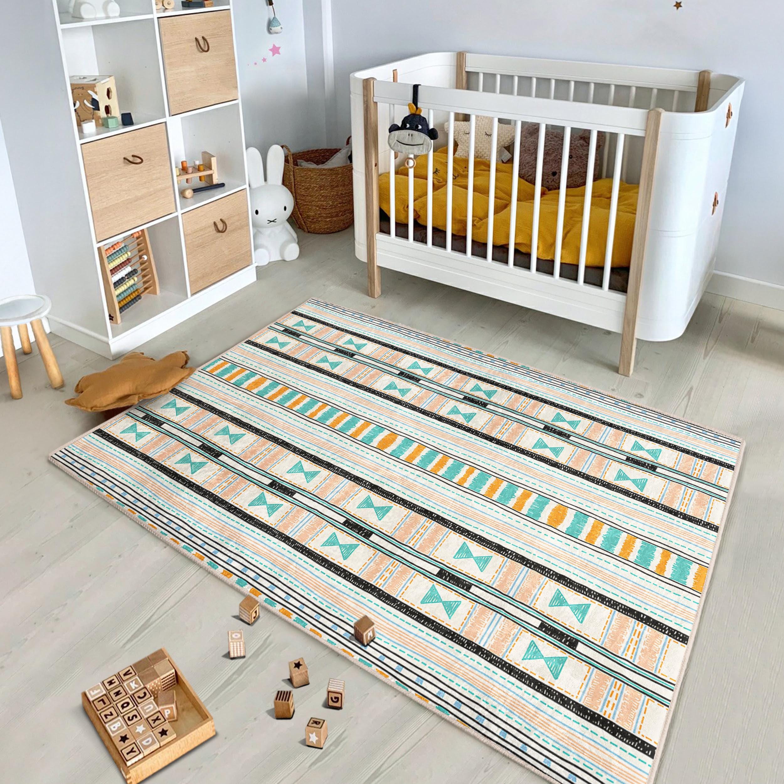Striped Geometric Multicolor Nursery Rug -Boho Triangle Pattern Carpet-Colorful Kids Area Rug-Teal Accent Rug-Modern Playroom Decoration Rug