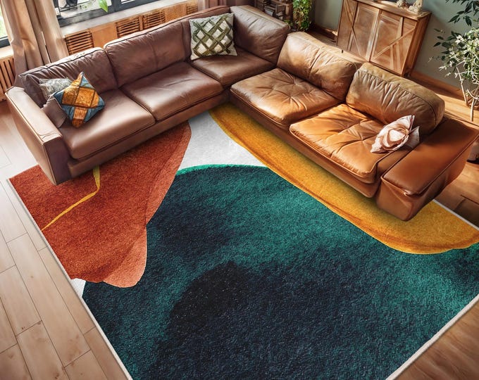 Abstract Colorful Area Rug - Vibrant Geometric Accent Carpet - Multi-Tonal Modern Decor Mat-Artistic Floor Throw Rug-Emerald Wave Square Rug