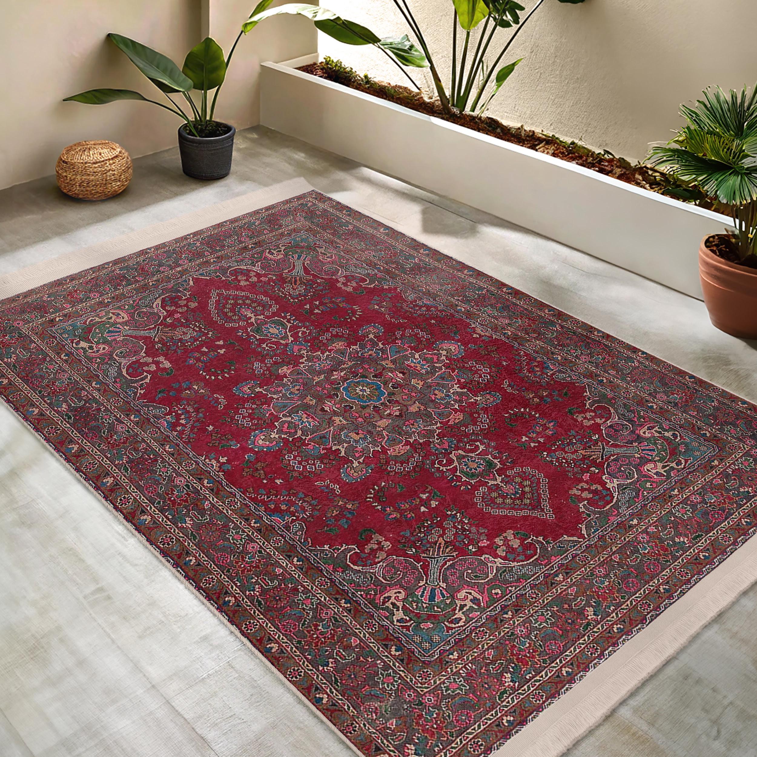 Red Persian Medallion Area Rug -vintage Floral Accent Carpet-intricate ...