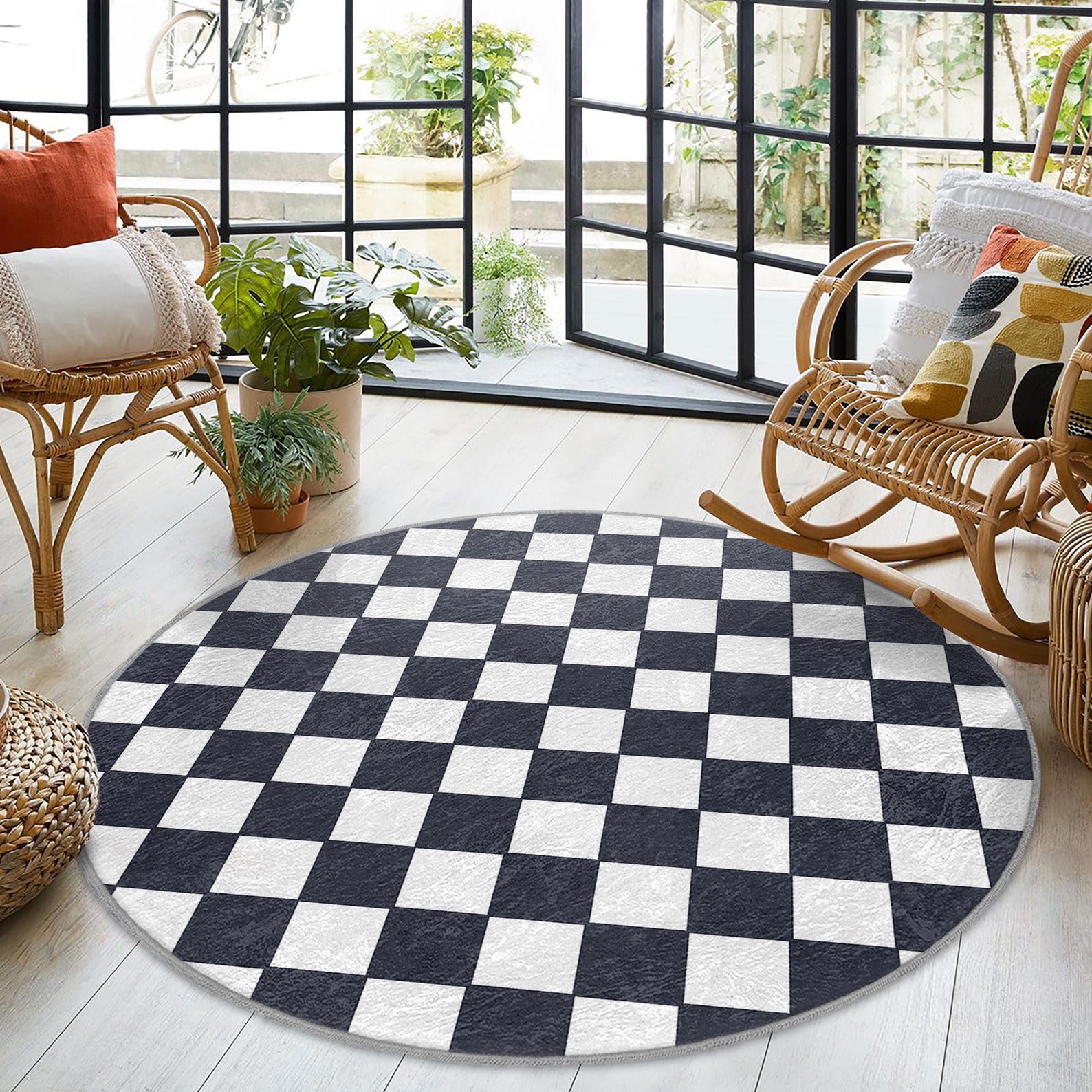 Black White Checkered Round Rug-bold Chessboard Pattern Circle Mat ...