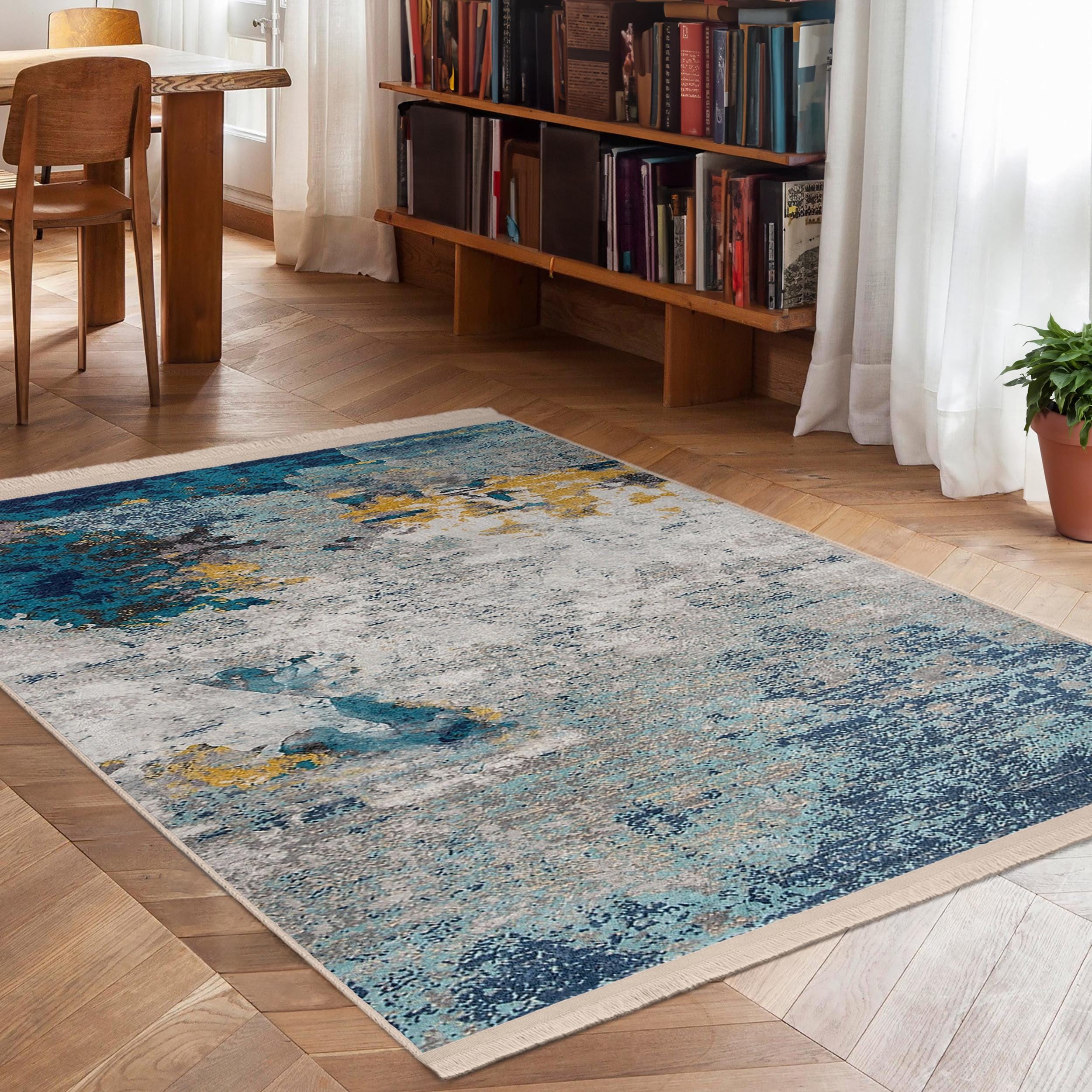Watercolor Abstract Ocean Accent Rug -blue Yellow Blended Area Mat ...