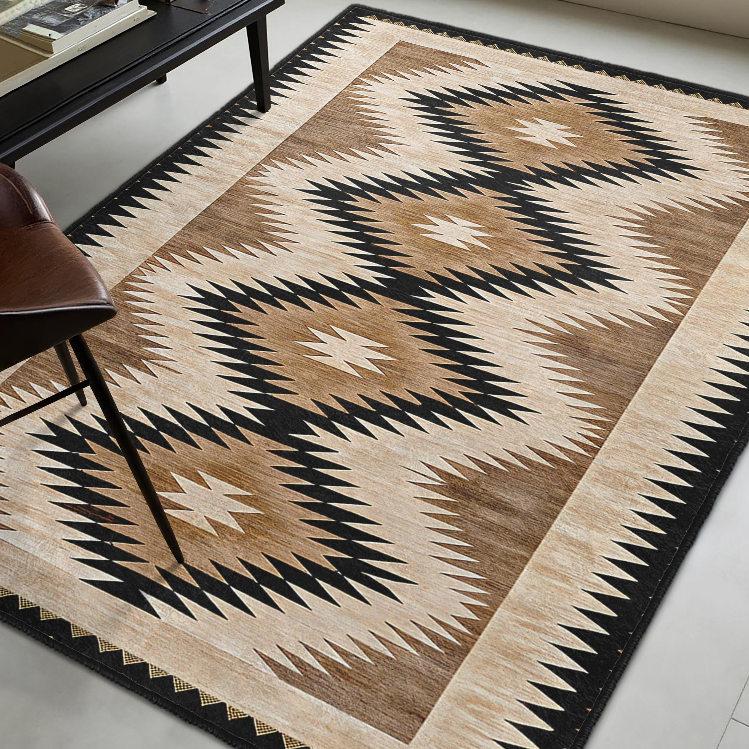 Ruggable Aztec Aztec Tribal Area Rug - Brown Zigzag Check Rug - Rustic Non Slip Runner ...