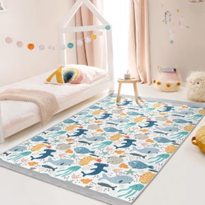 Alfombra infantil de aventuras submarinas, diseño inspirado en criaturas del océano, alfombra para sala de juegos, alfombra colorida con temática marina, detalles para habitación de niños, alfombra para guardería