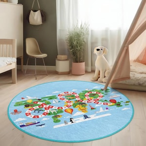 Aventure colorée pour chambre d'enfant, tapis rond, chemin d'accès numérique, tapis rond, activité ludique de l'explorateur de la jungle, décoration d'animaux, tapis ovale pour enfants