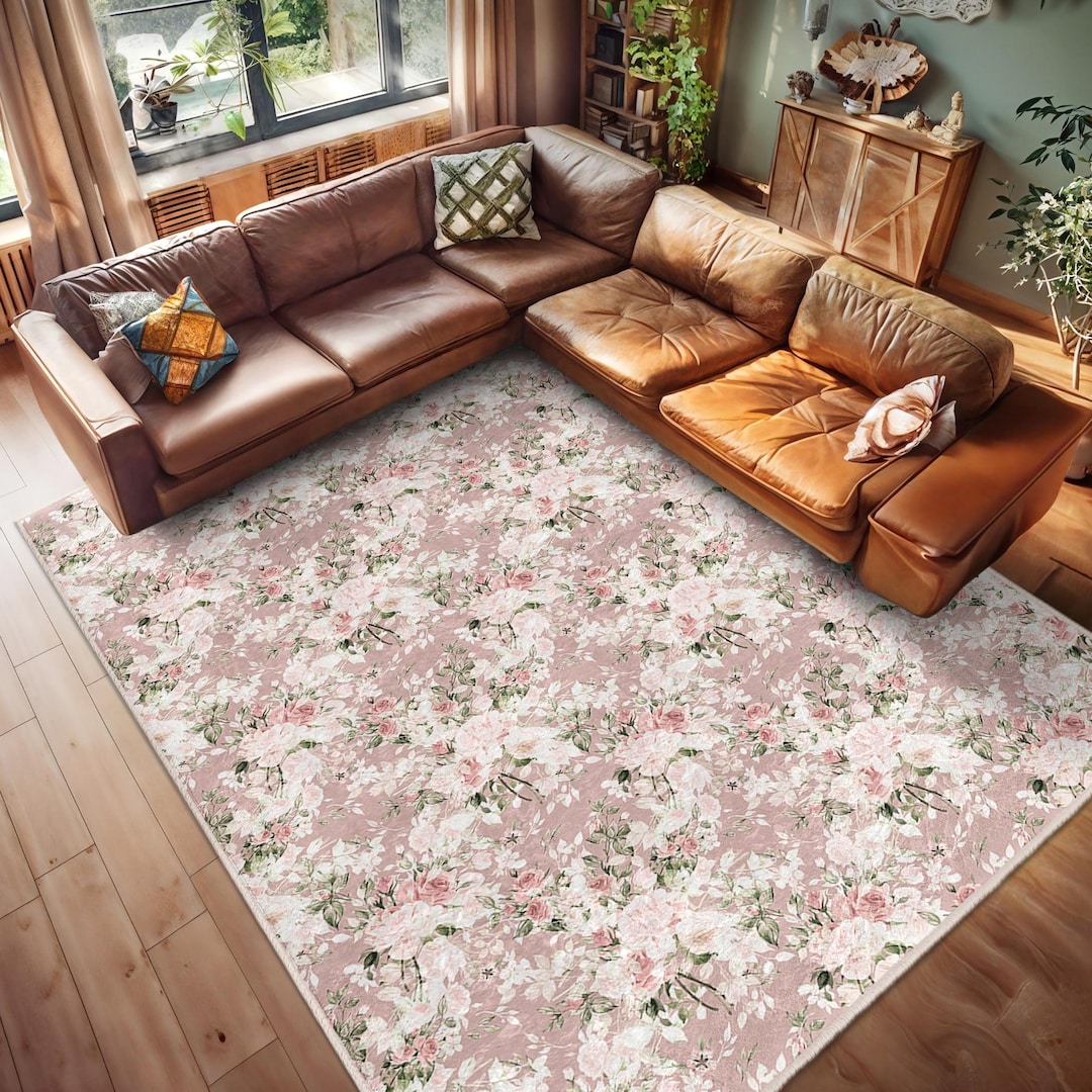 Floral Pink Design Area Rug - Vintage Rose Pattern Accent Carpet ...