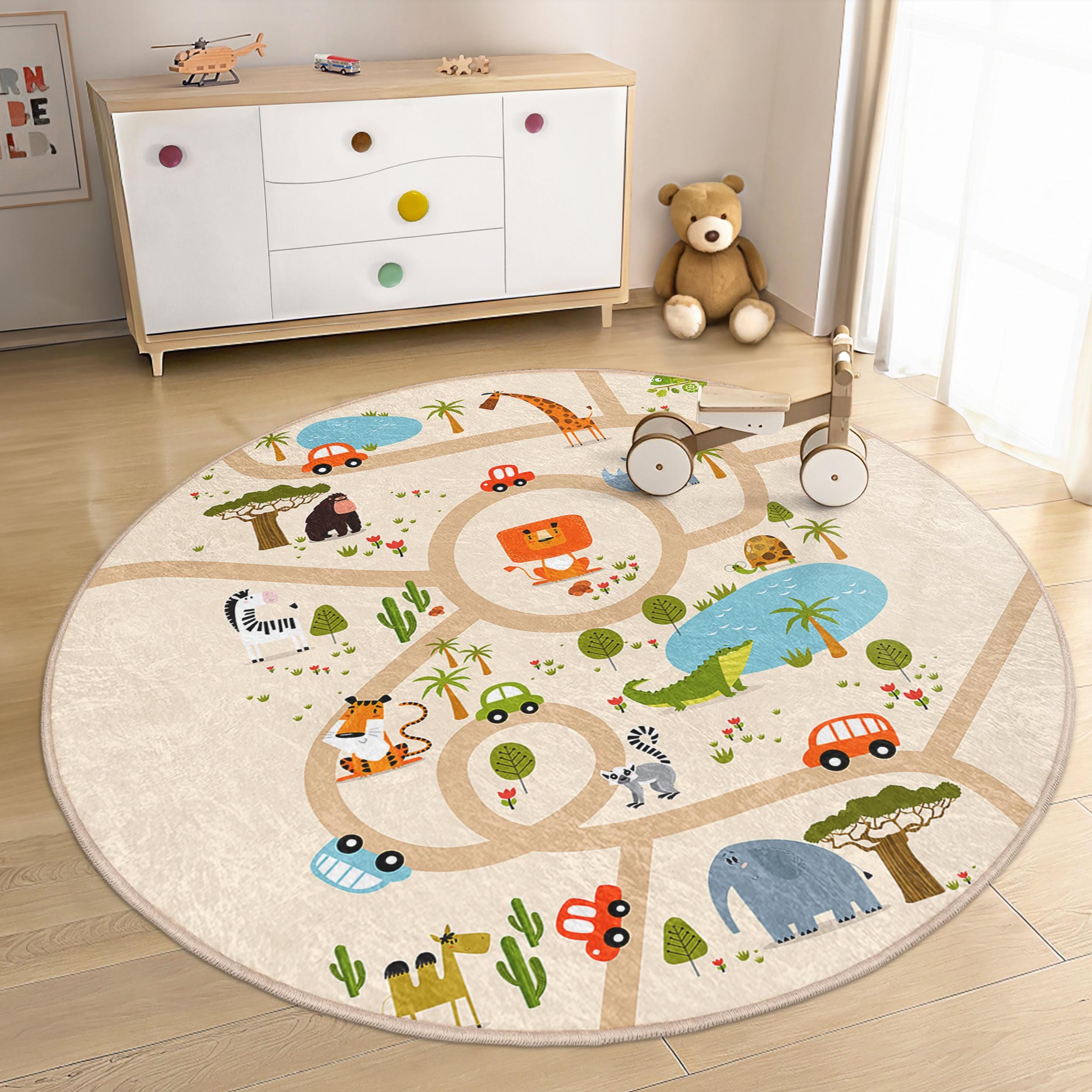 Safari Adventure Kids Room Round Rug - Jungle Map Animal Circle Carpet ...