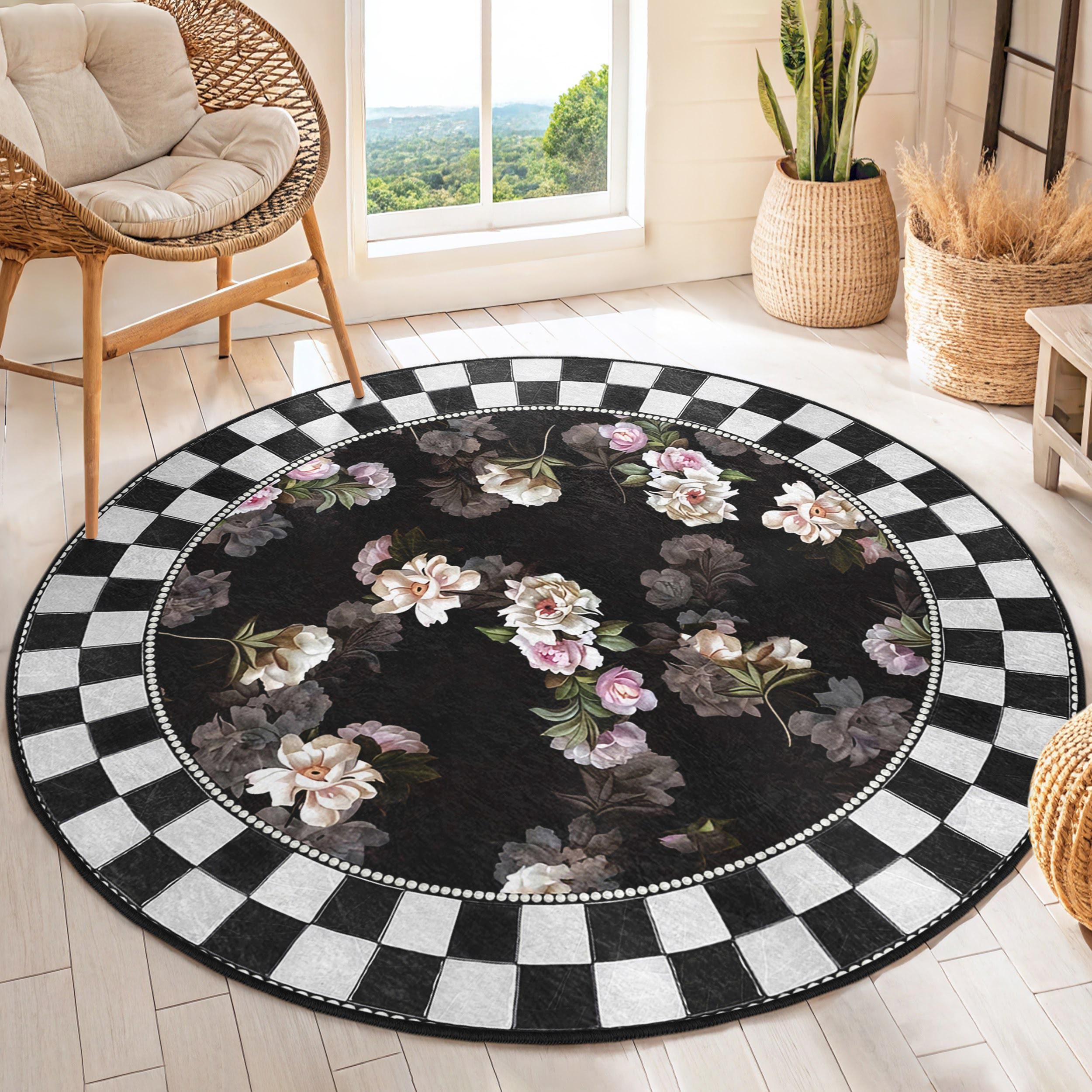 Vintage Floral Black Round Rug - Checkerboard Edge Circle Mat