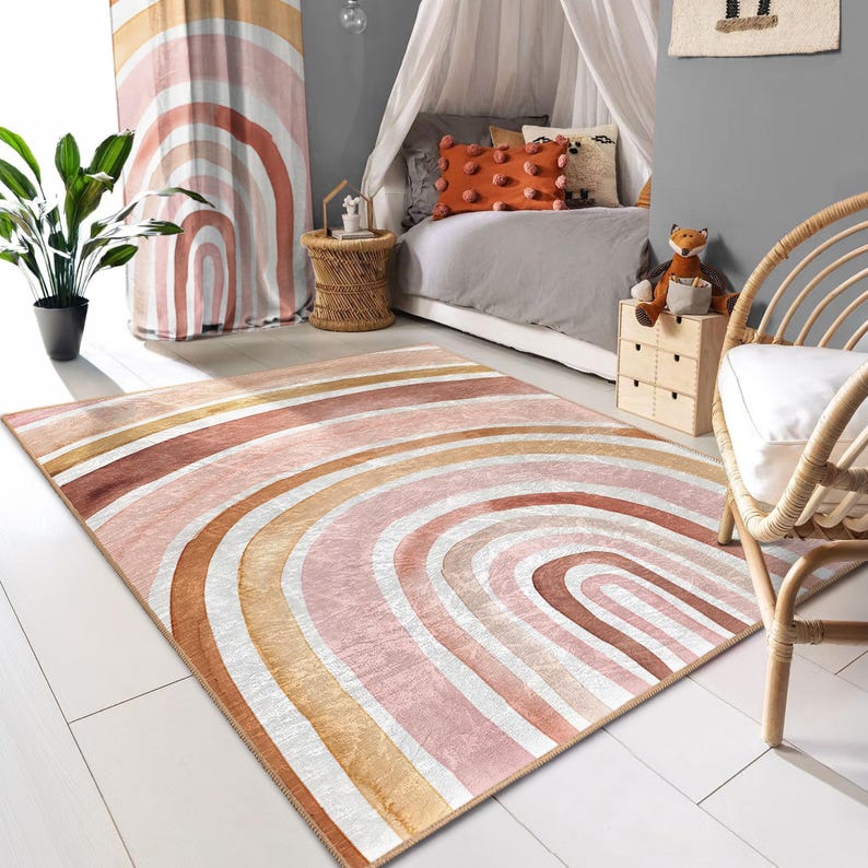 Rainbow Arch Pastel Rug - Vintage Curved Stripes Design Mat - Anti-slip ...
