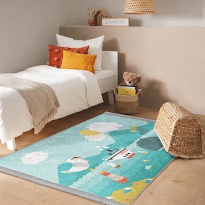 Alfombra de aventura submarina con divertidos dibujos marinos, decoración para habitación de niños, alfombra náutica en verde azulado, alfombra caprichosa para habitación de bebé, alfombra con temática oceánica