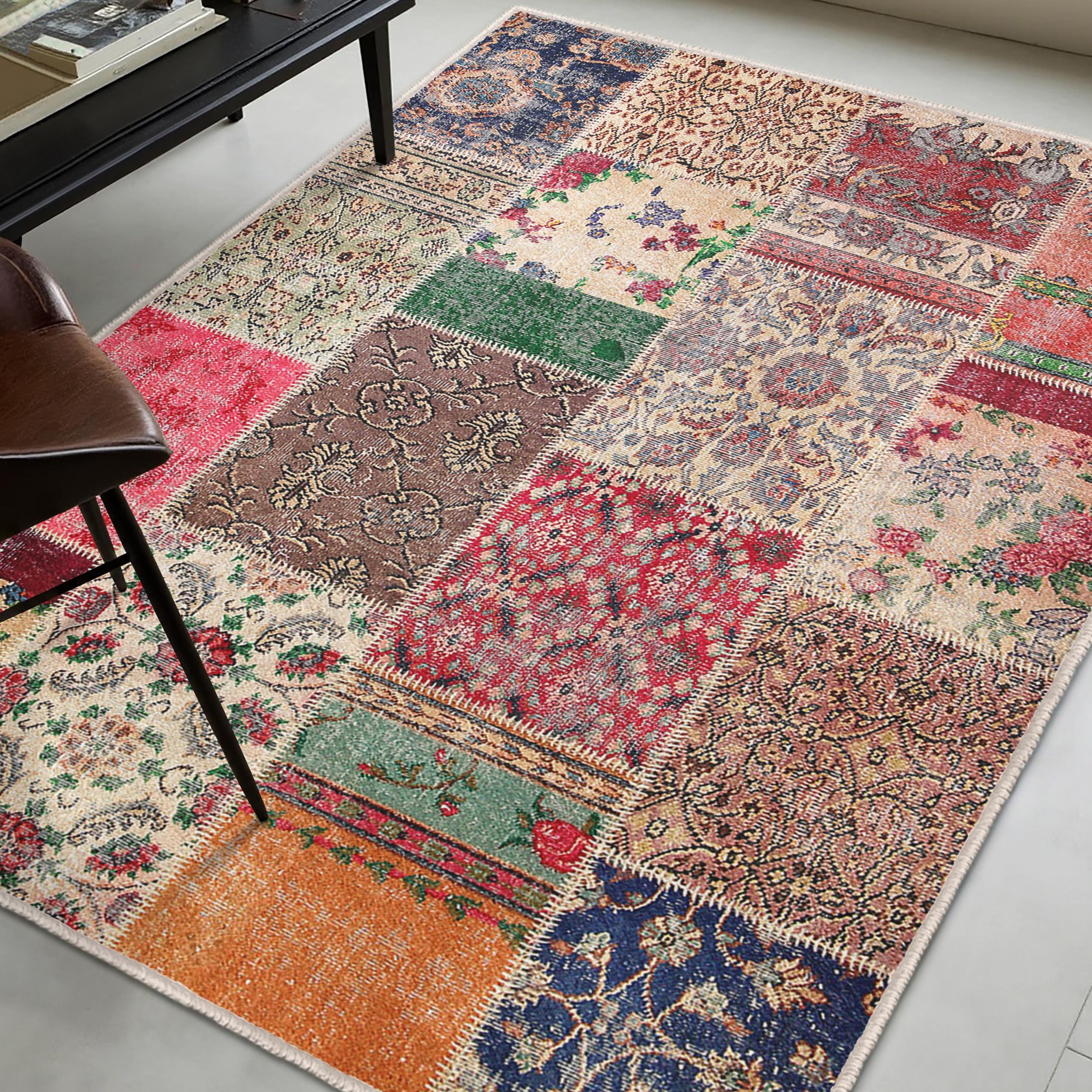 Vintage Patchwork Area Rug - Multicolor Floral Accent Rug - Boho