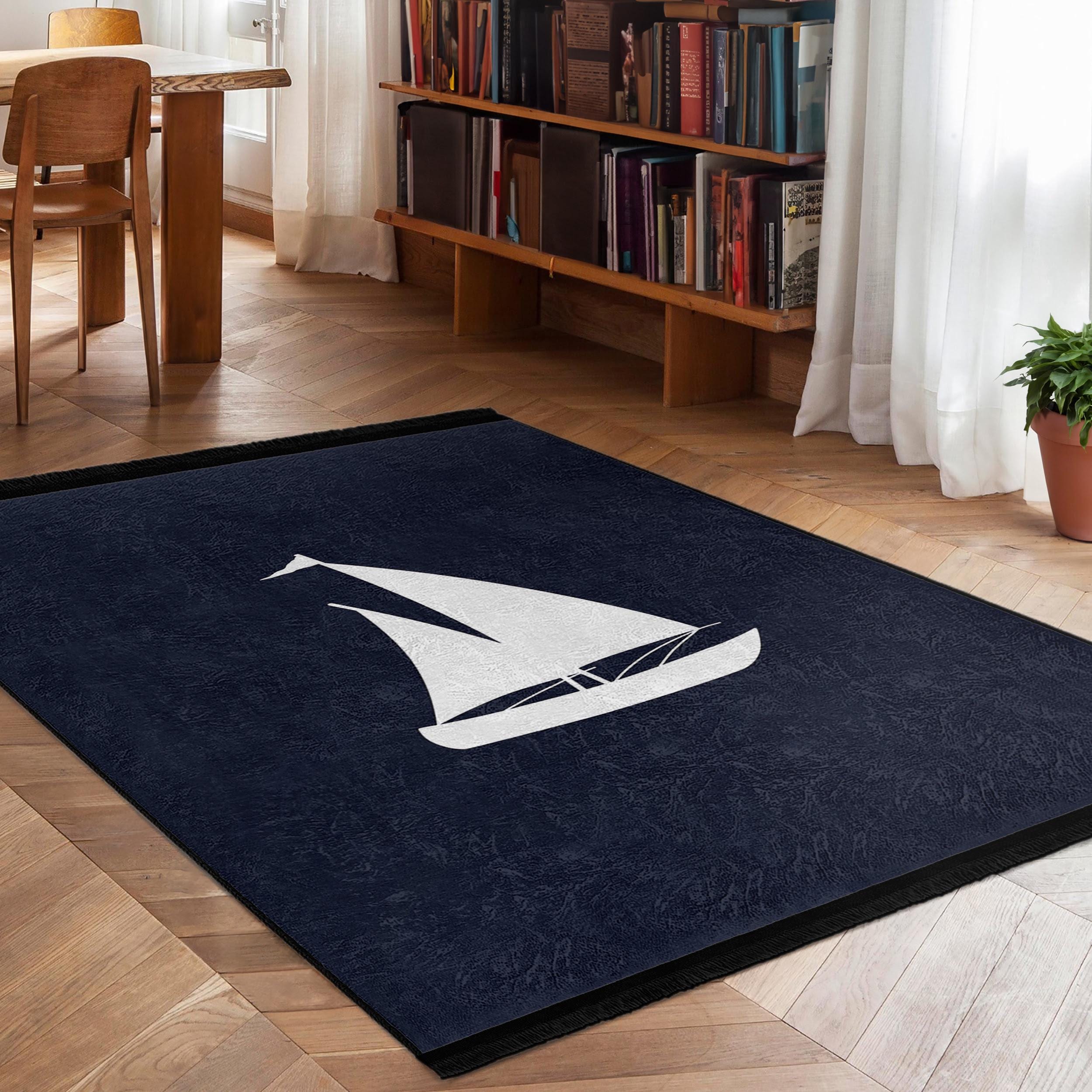 Nautical Sailboat Accent Rug - Sail Design Dark Surface Mat - Navy ...